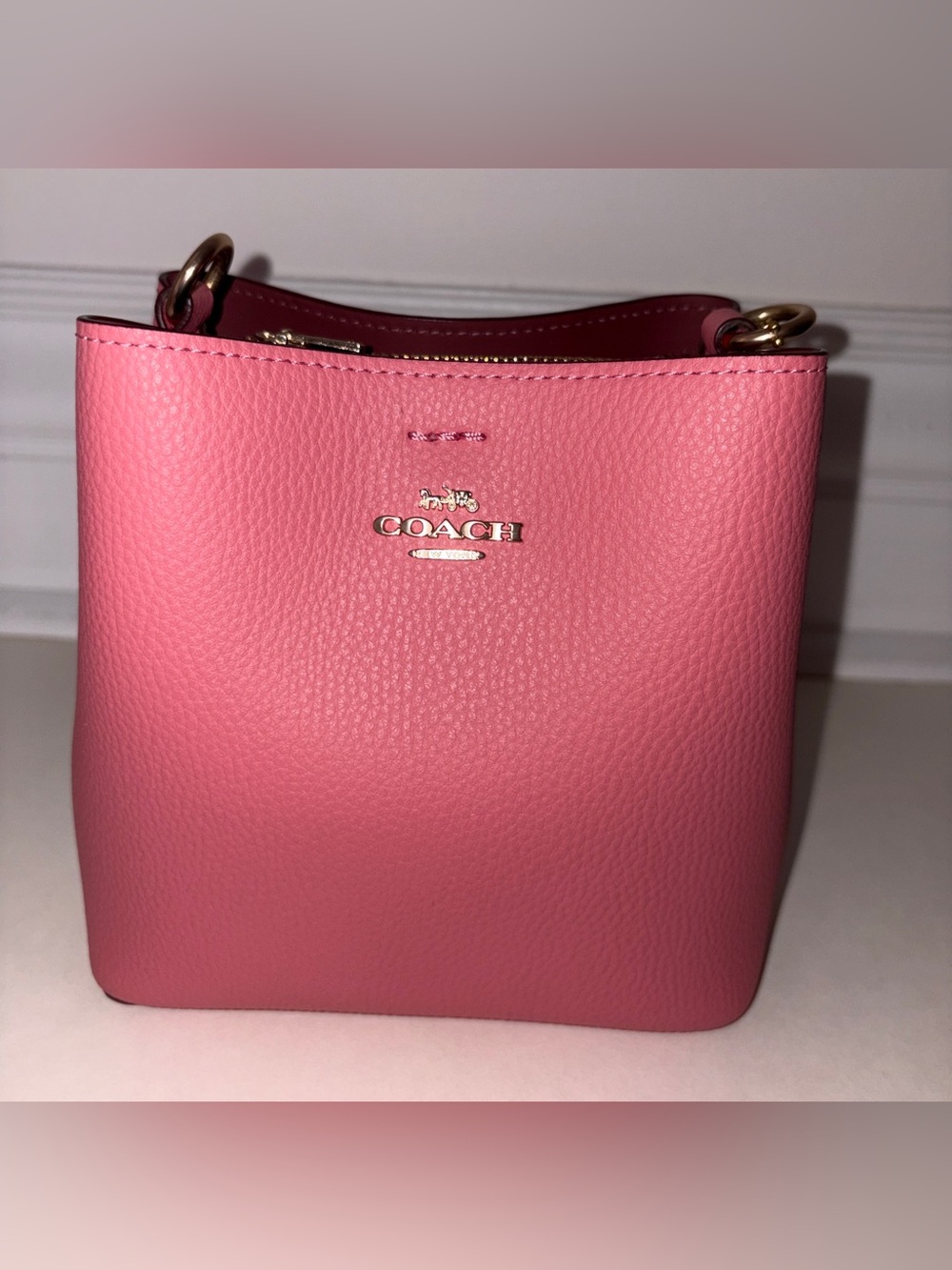COACH Pink Pebbled Leather Crossbody Bucket Bag with Gold Hardware